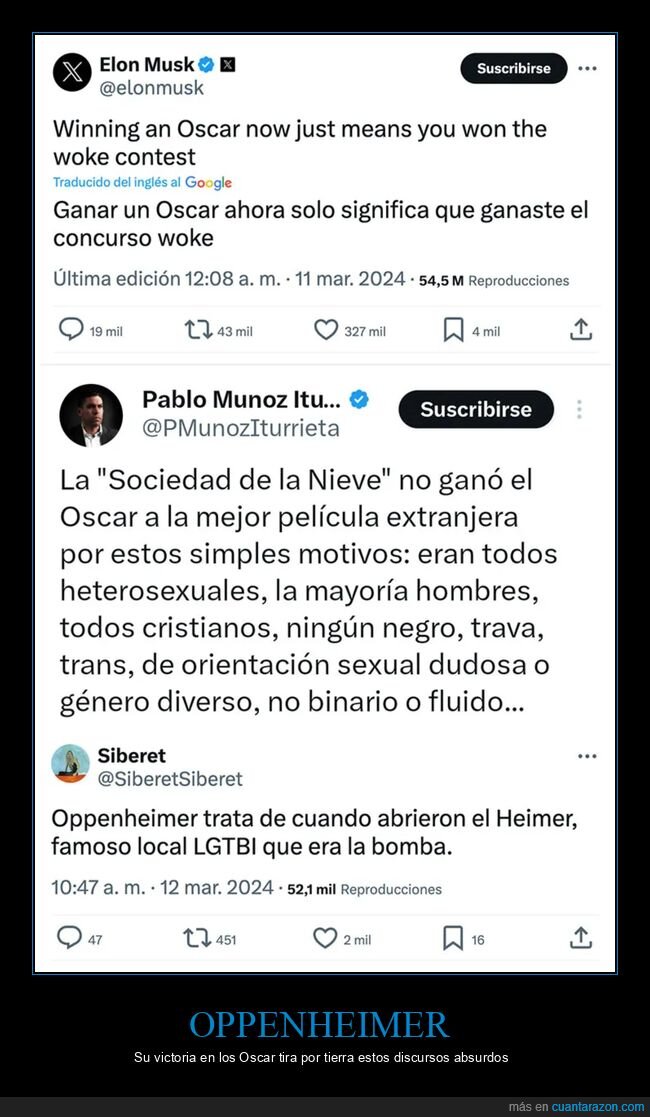 elon musk,la sociedad de la nieve,oppenheimer,oscars,woke