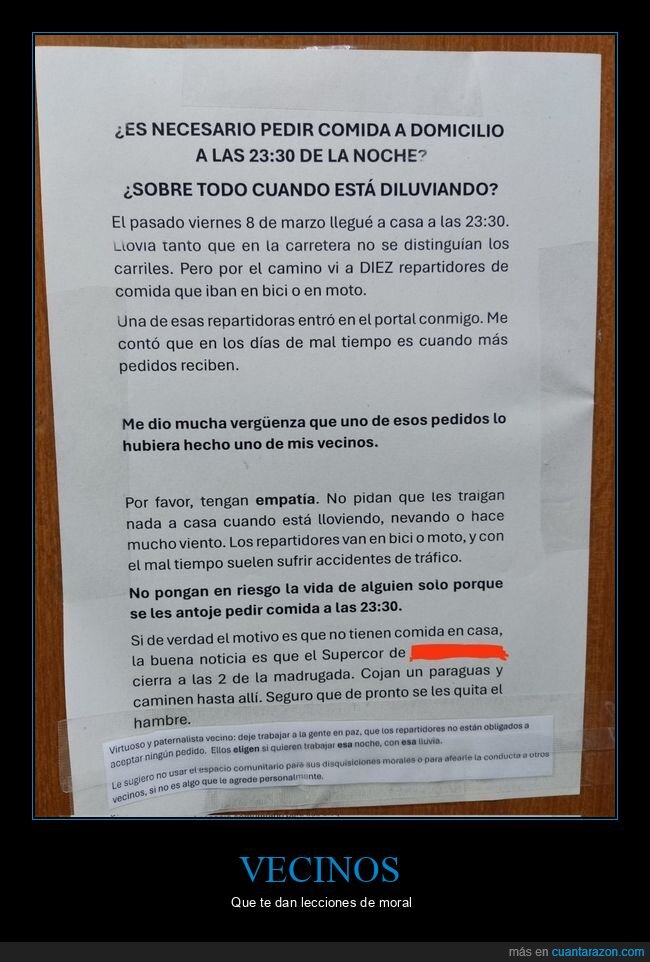 vecinos,carteles,repartidores,lluvia