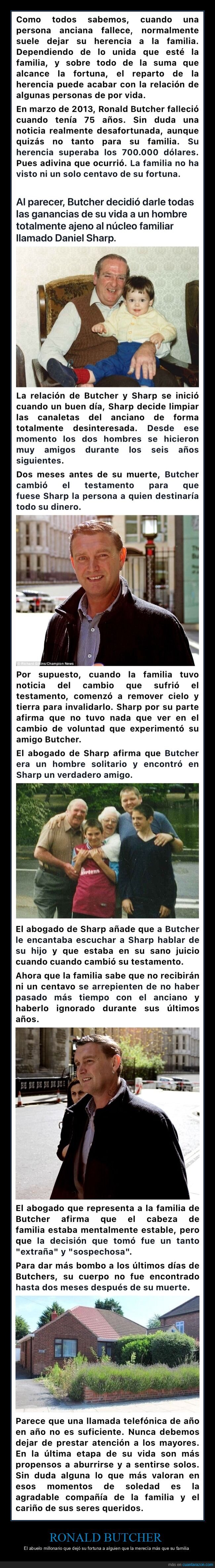 ronald butcher,abuelo,millonario,herencia