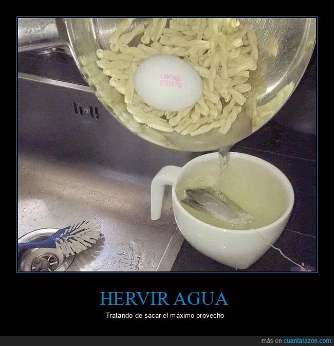 agua,macarrones,huevo,té