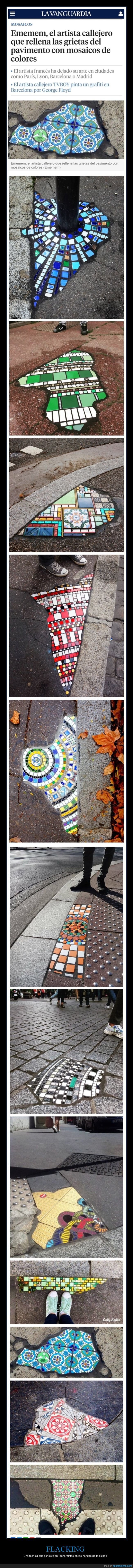 flacking,emenem,artista callejero,grietas,pavimento,mosaicos
