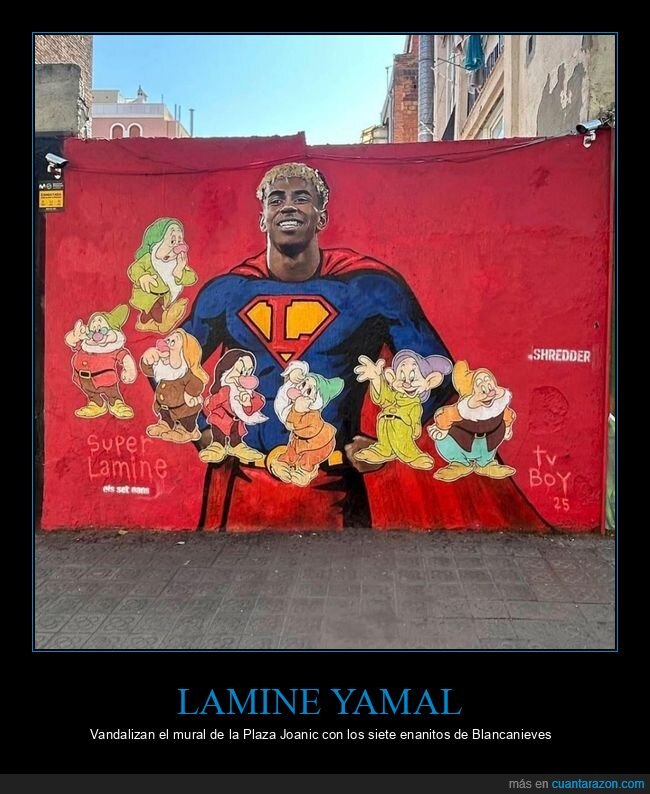 lamine yamal,enanos,blancanieves,mural