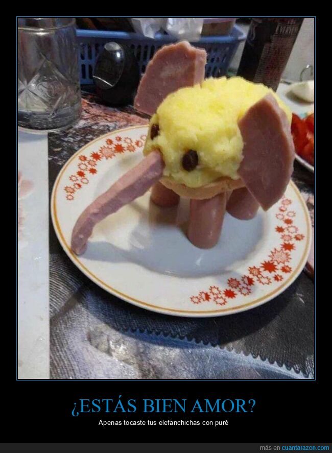 comida,elefante,puré,salchichas