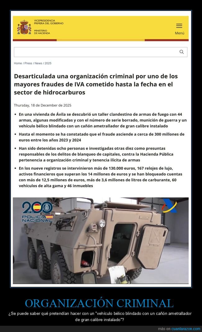 organizaci&oacute;n criminal,iva,veh&iacute;culo b&eacute;lico