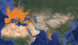 Enlace a Cada punto es un sitio en el que se han hallado monedas de la antigua Roma