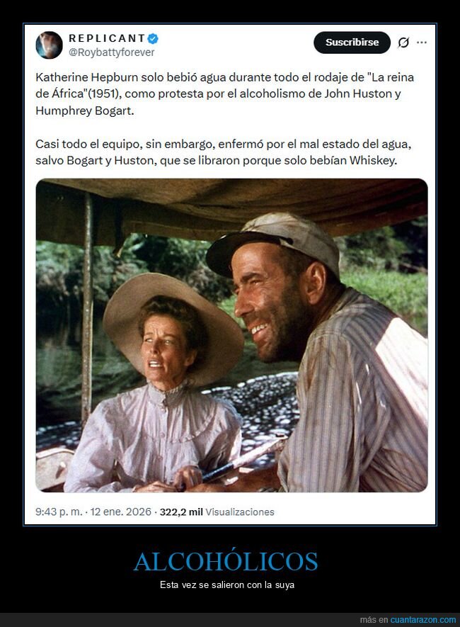 la reina de &aacute;frica,agua,beber,john huston,humphrey bogart,enfermar,whisky