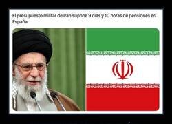 Enlace a El gasto militar de Irán (según SIPRI 7.900 M USD en 2024) equivale a unos 12-14 días del gasto anual en pensiones de España (210.000+ M € en 2025, 575 M €/día)