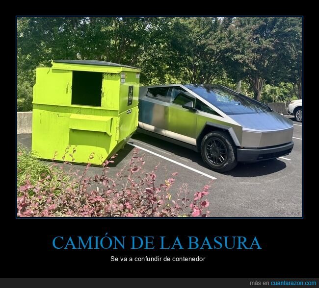 cybertruck,contenedor,reciclaje,aparcamiento,contraste