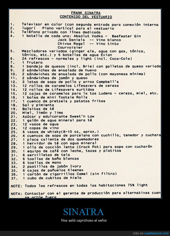 Sinatra,camerino,caprichos,lista,exigencias