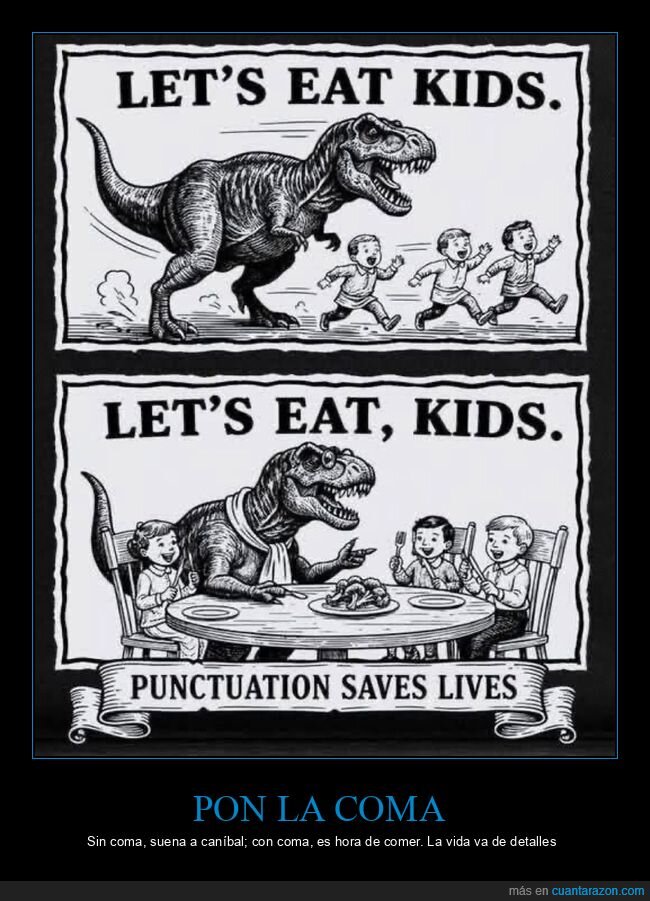 puntuaci&oacute;n,coma,gram&aacute;tica,dinosaurio,malentendido