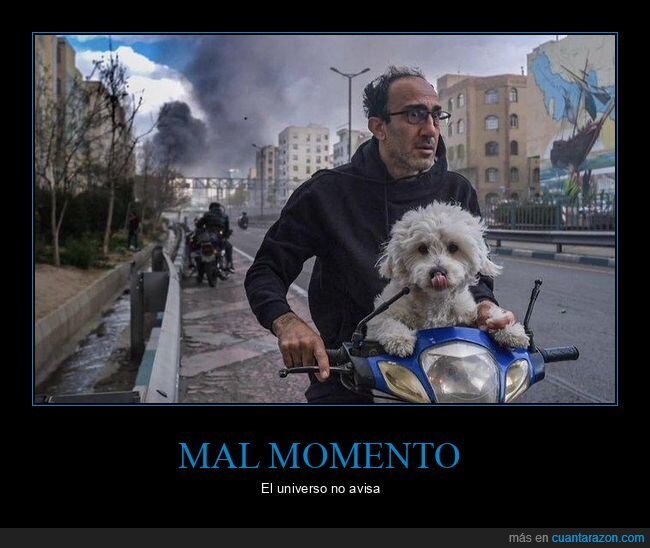 Teher&aacute;n,bombardeo,huida,perro,moto