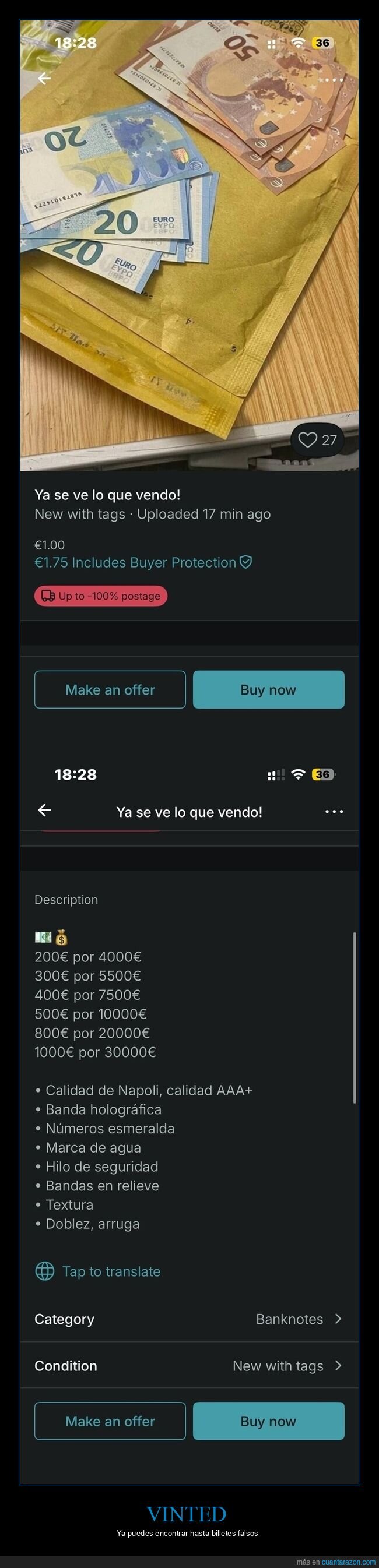 Vinted,billetes,estafa,falsificacion,chollo