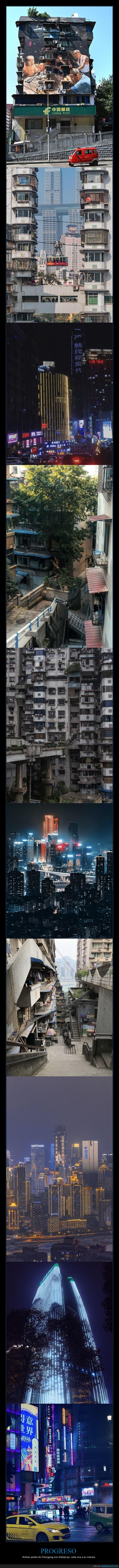 Chongqing,distop&iacute;a,rascacielos,ne&oacute;n,contrastes