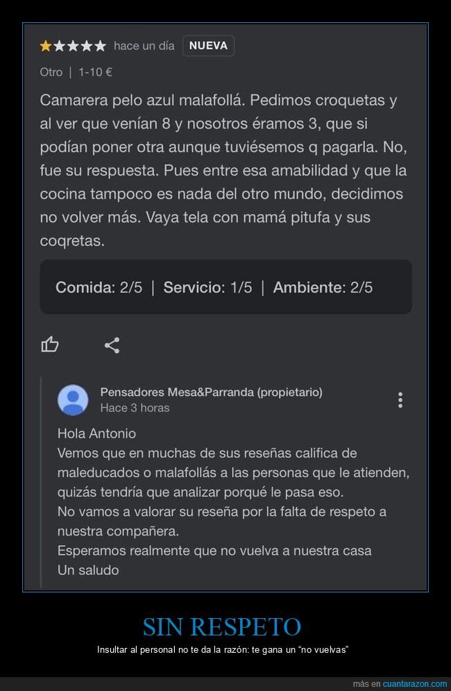 rese&ntilde;a,restaurante,croquetas,cliente,maleducado