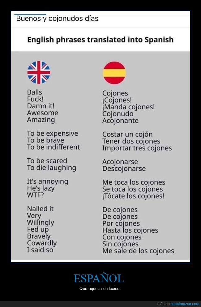 traducci&oacute;n,espa&ntilde;ol,idioma,comparativa,cojones