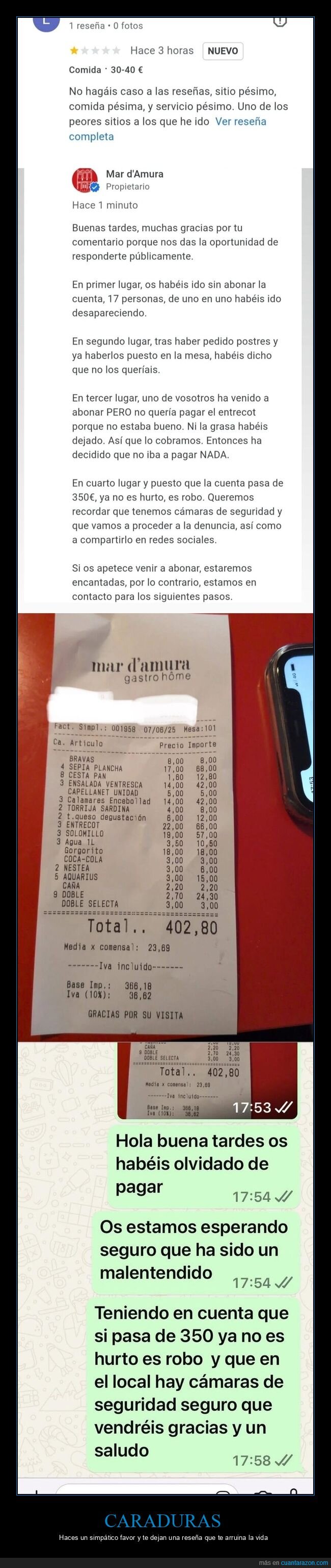 restaurante,rese&ntilde;a,cliente,ingratitud,factura