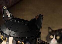 Enlace a Un gato de pelaje bicolor mira con desaprobación al sustituto hecho con piezas de LEGO