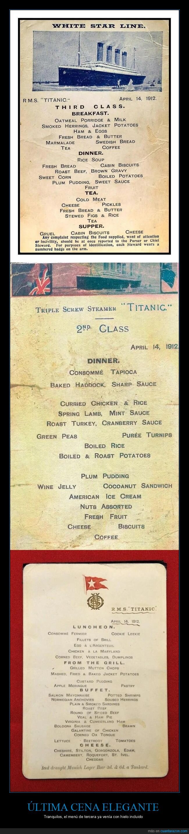 Titanic,men&uacute;,naufragio,clases,hundimiento