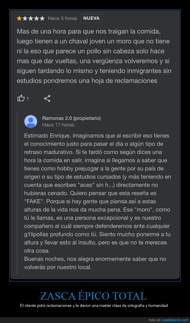 rese&ntilde;a,restaurante,racismo,respuesta,propietario