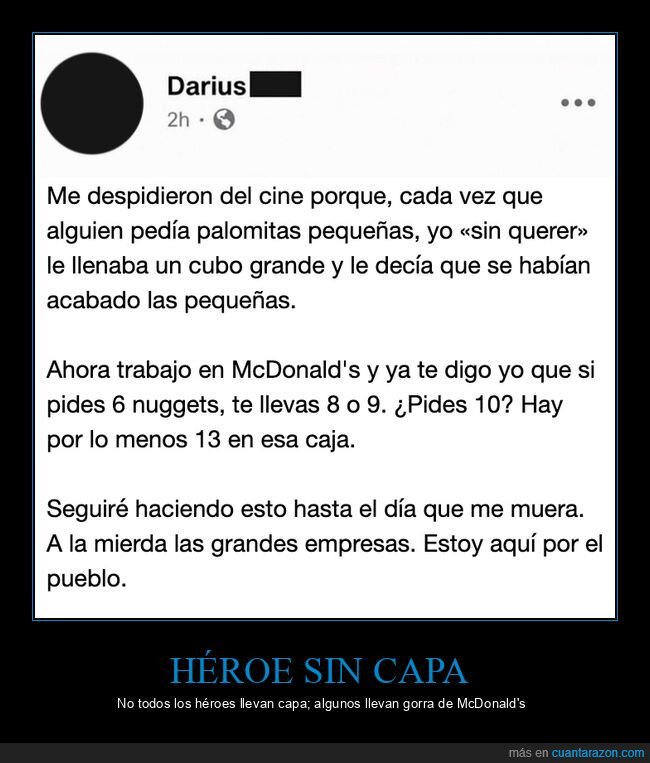trabajo,mcdonalds,cine,palomitas,h&eacute;roes