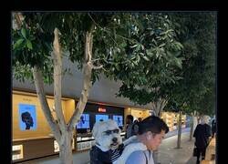 Enlace a Un perro con gafas de sol y mochila en la Apple Store de Los Ángeles