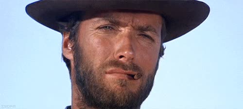Cuando tu novia se pone el conjunto de ropa interior que le regalaste clint eastwood,el bueno el feo y el malo,asentir,decir si,puro,cigarro,vaquero,cowboy,expresion,si nena