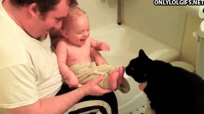 papa,risa,bañarse,cría,gato,chupar,pies,cosquillas
