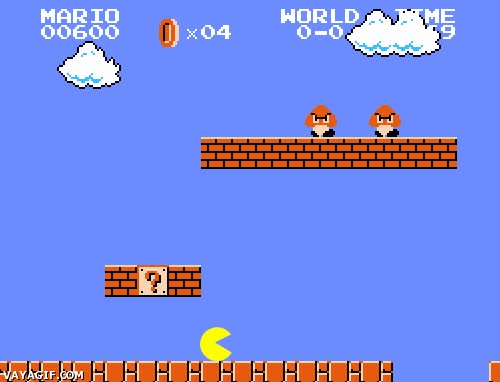¡He tenido una idea genial, hagamos un Mario Bros con Pacman de protagonista! No, mejor no... protagonista,saltar,pacman,videojuego,super mario bros,fail