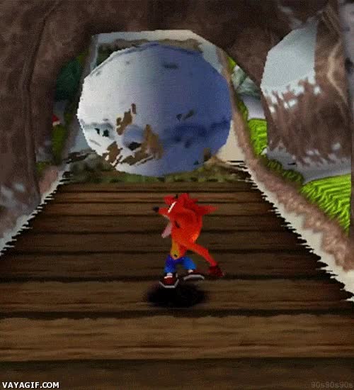 crash bandicoot,correr,roca,bola,puente,videojuego,playstation
