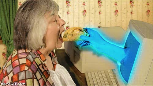 comida a domicilio,abuela,taco,comer,internet,ordenador