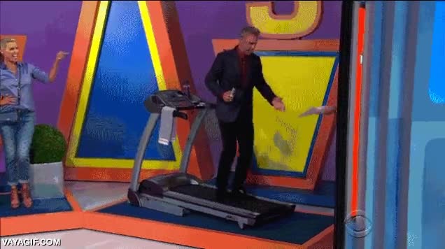 el precio justo,the price is right,presentador,fail,correr de espaldas,cinta de correr,resbalar