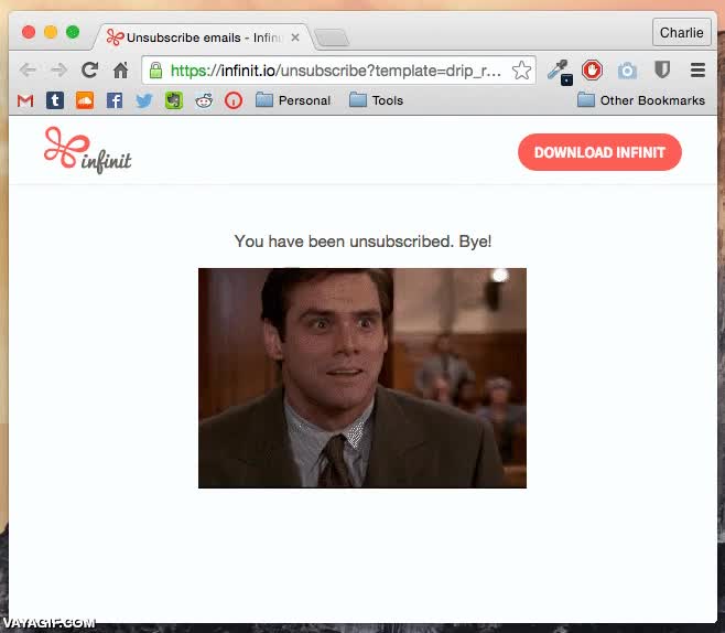 Puestos a enviar un e-mail cuando te das de baja de una lista de mailing, mejor así jim carrey,gif,unsubscribed,huir,correr,you have been unsuscribed,mailing list