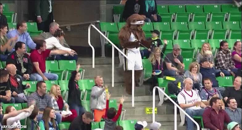 estadio,oso,mascota,utah jazz,tirar,confeti,lanzar,cubo de agua,esprai,venganza,cerveza
