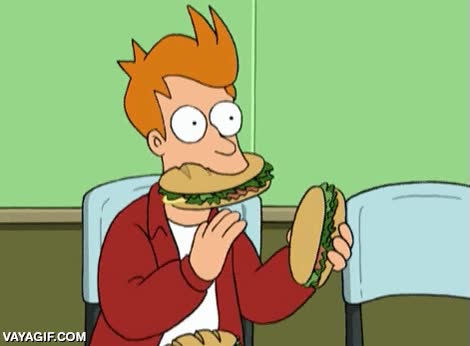 Yo en el banquete de una boda cuando alguien acaba de dar un discurso comida,aplauso,agonia,boda,banquete,fry,futurama,comer como si no hubiera un mañana