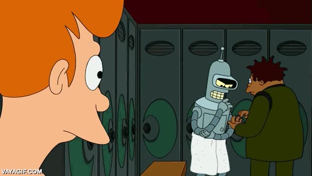 vestuario,fry,no se entera,perder la oportunidad de su vida,leela,ducha,bender,futurama