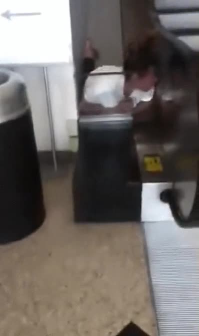 escalera mecanica,deslizarse,de cara,si al menos fuese de espaldas,o no lo vio o le va el dolor,fail