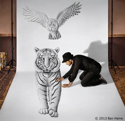 artista en todos los sentidos,3D,dibujo,eso lo hacía en plastica de 3º ESO,búho,tigre,¿con un lápiz?,impresionante,jugar con la perspectiva
