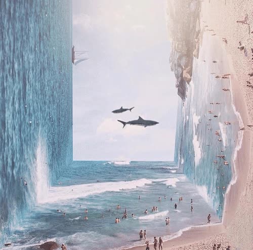 playa,surrealismo,mar,arena,tiburones