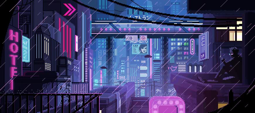 pixel art,ciudad,futurista,lluvia