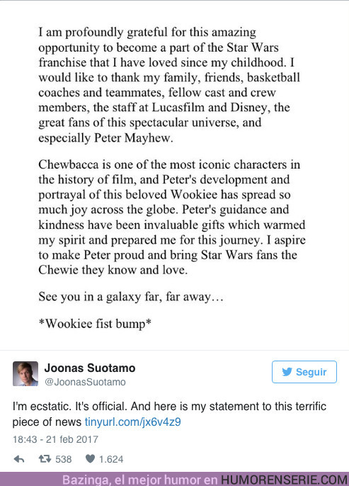 11086 - El Chewbacca del 'spin-off' de Han Solo manda un emotivo mensaje a los fans de Star Wars