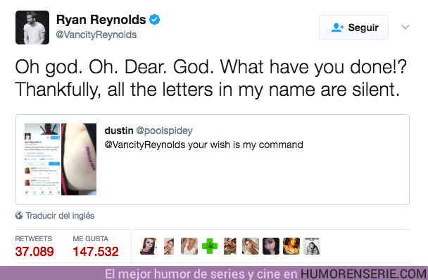 13258 - La reacción de Ryan Reynolds al ver que un fan le ha dedicado este tatuaje en el culo