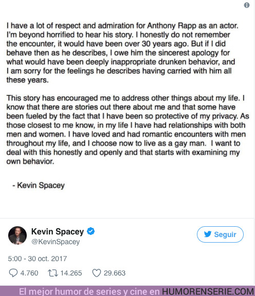 19330 - Anthony Rapp denuncia que Kevin Spacey lo acosó sexualmente y el actor anuncia que ahora es gay