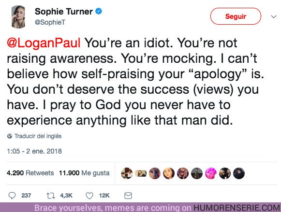 21234 - Sophie Turner carga contra el INACEPTABLE vídeo de un YouTuber que se encuentra un cadáver en un bosque