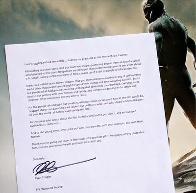 22819 - La emotiva carta de agradecimiento del director de Black Panther a todos los que han visto la película