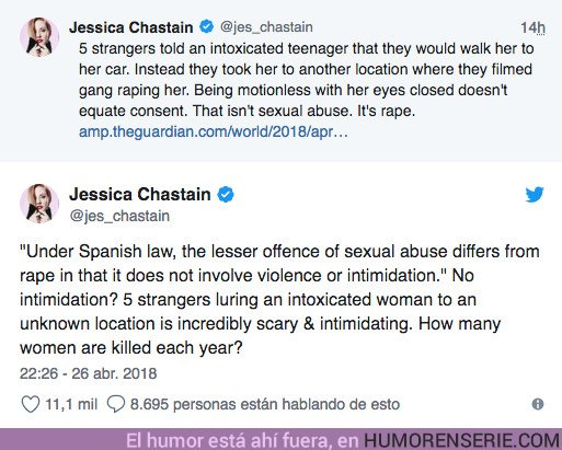 24608 - El caso de La Manada llega a oídos de Jessica Chastain y esto es lo que opina