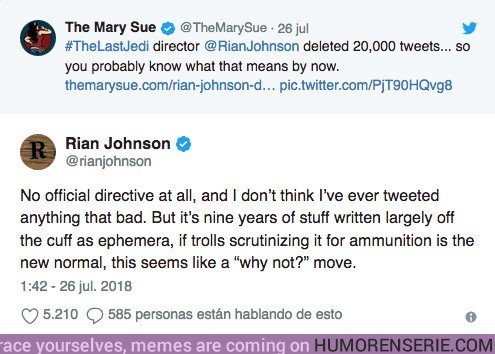 27030 - Rian Johnson cuenta por qué ha borrado 20.000 tuits de su perfil después del despido de James Gunn