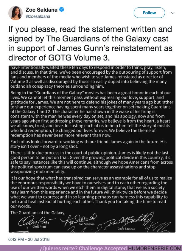 27063 - Los protagonistas de 'Guardianes de la galaxia' piden a Disney que vuelvan a contratar a James Gunn
