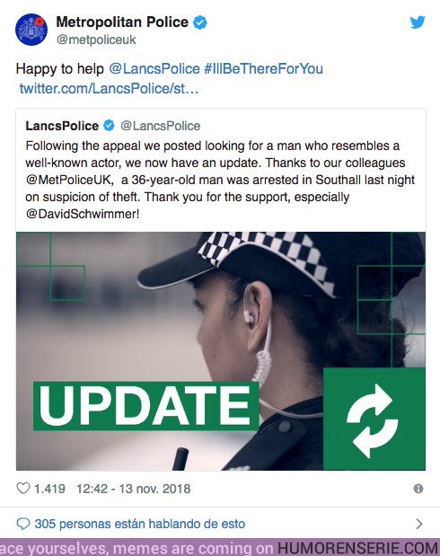 31277 - Al fin detienen al ladrón que se parecía a Ross y la policía le agradece la colaboración al actor con el hashtag #IllBeThereForYou