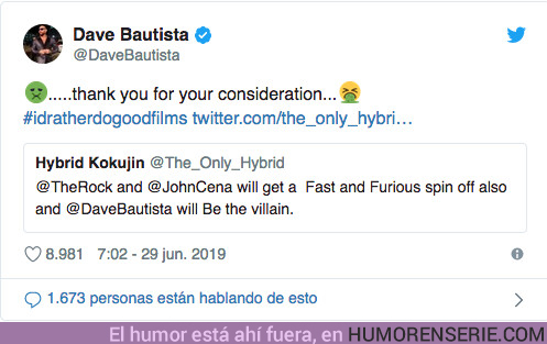 39676 - Dave Bautista deja por los suelos con un tuit a películas como Fast and Furious