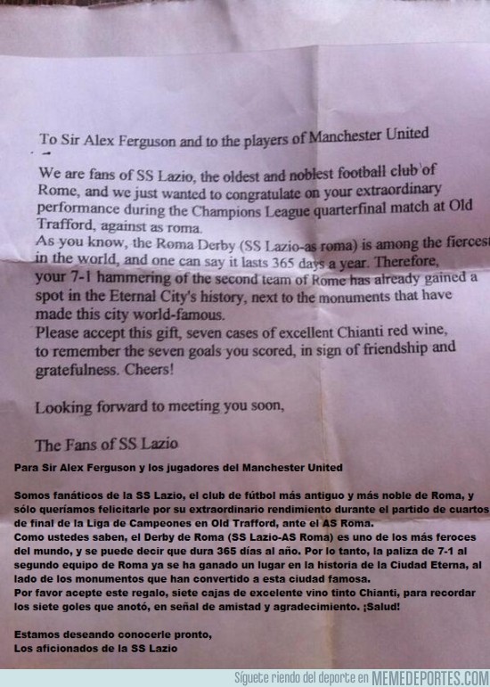 199059 - Carta de los aficionados de la Lazio a Ferguson y sus jugadores